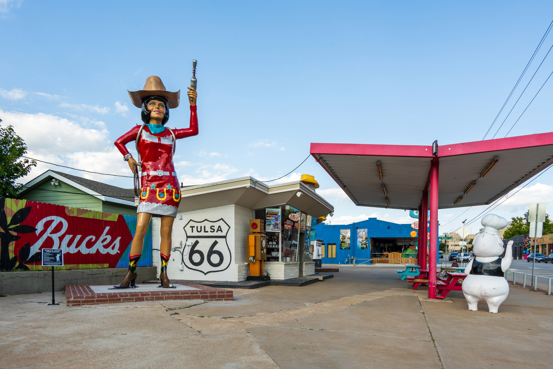 A statue of cosmic cowgirl Stella Atom stands outside Buck Atom’s Cosmic Curios on 66 in Tulsa, Oklahoma