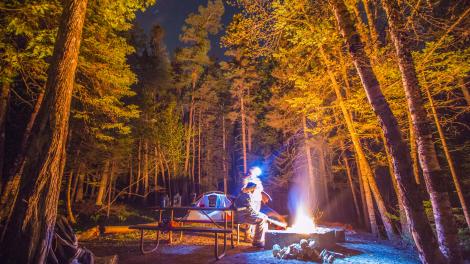 在缅因州临近海岸的芒特迪瑟特岛最顶端的茂密森林中野营