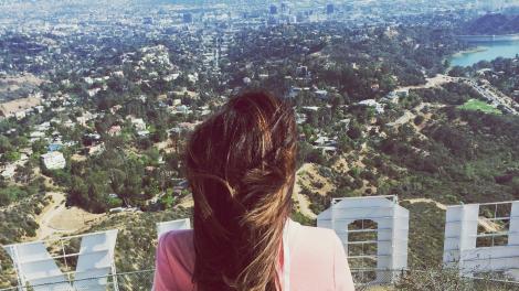 From behind the Hollywood sign, bird''s-eye look at Los Angeles