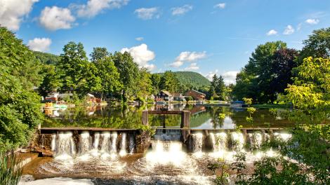 The dam at Little York Lake, stocked each spring with trout, in Central New York