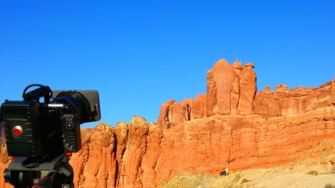 Filming The Penguins rock formations in Arches National Park, Utah
