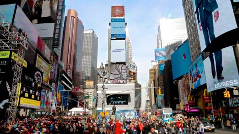 Street festival atmosphere for Super Bowl activities in Manhattan