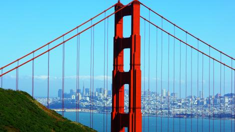 View of the Golden Gate Bridge and San Francisco city skyline from the Marin Headlands