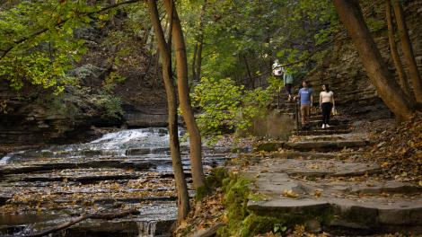 在纽约州伊萨卡的卡斯卡迪拉馆峡谷步道 (Cascadilla Gorge Trail) 徒步