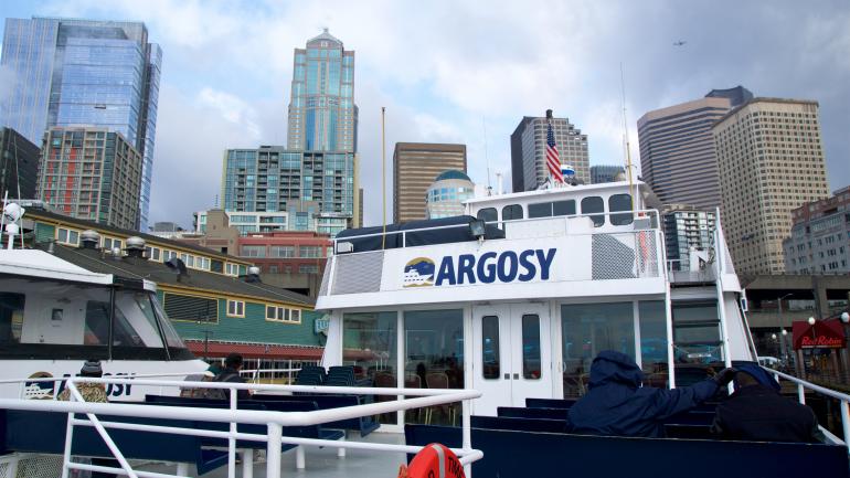 A view of the Seattle skyline from the deck of an Argosy cruise ship