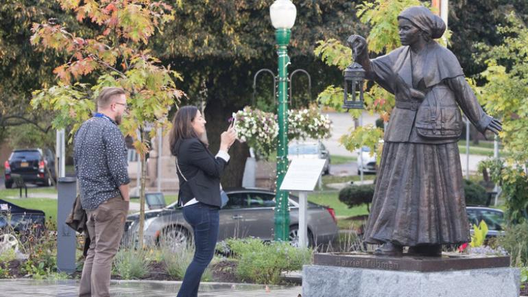 Photographing a statue of Harriet Tubman in Auburn, New York