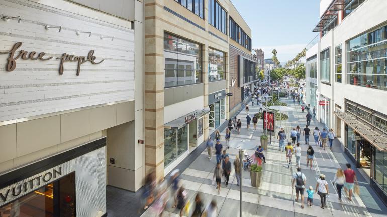 Palm trees line the streets of Santa Monica Place in Santa Monica, California