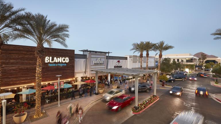 The sun sets over Biltmore Fashion Park in Phoenix, Arizona