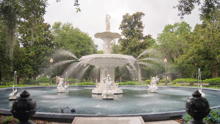 The intricately decorated Forsyth Park Fountain in Savannah
