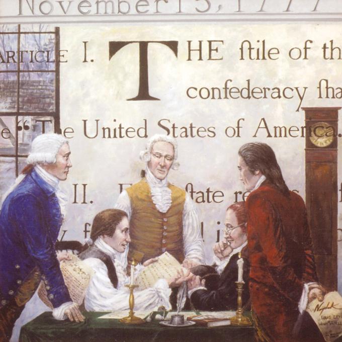 宾夕法尼亚州约克县历史中心的壁画，描绘了《联邦条例》的采纳过程