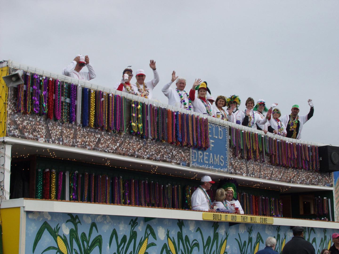 A baseball themed float during the Krewe of Dionysos Mardi Gras Parade