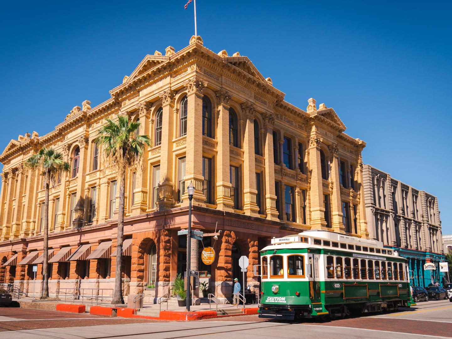 The Galveston Trolley makes a stop in historic downtown