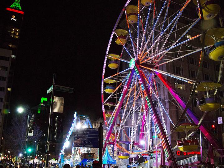 A  Ferris wheel downtown during First Night Raleigh