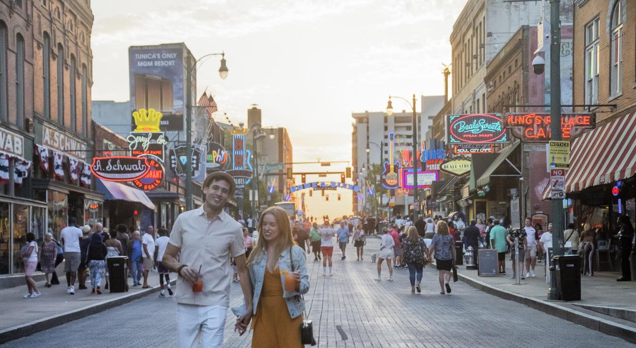 Evening stroll down the Beale Street Entertainment District in Memphis, Tennessee