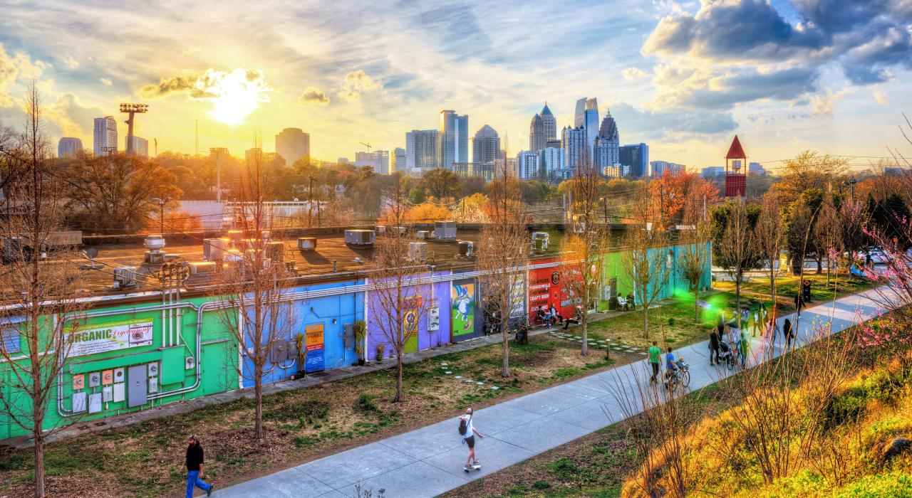 The sun sets over the Beltline in Atlanta, Georgia