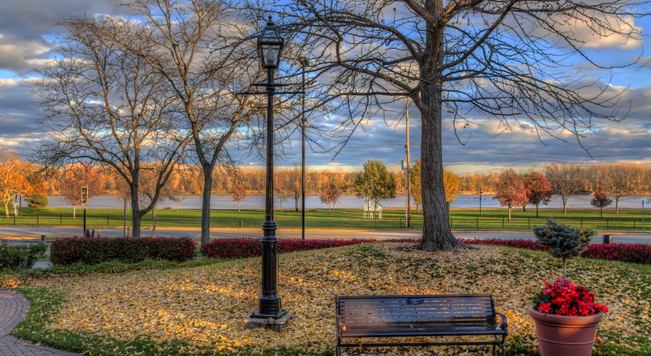 Le soleil de fin d’après-midi illumine le feuillage d’automne sur la Riverwalk