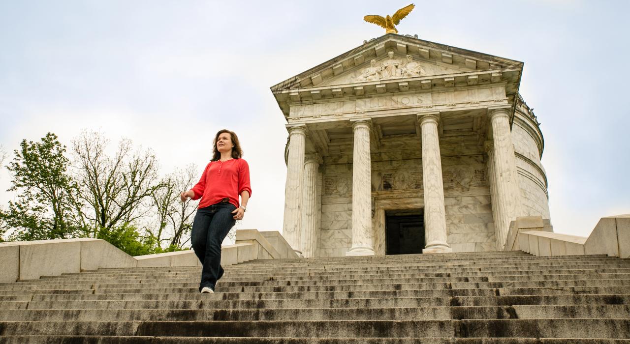 Walking the steps at the Illinois State Memorial in Vicksburg National Military Park, Mississippi