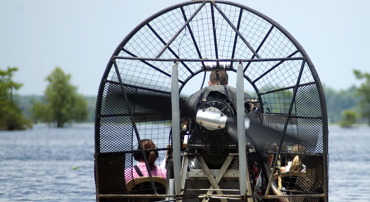 乘坐汽艇穿过阿查法拉亚盆地