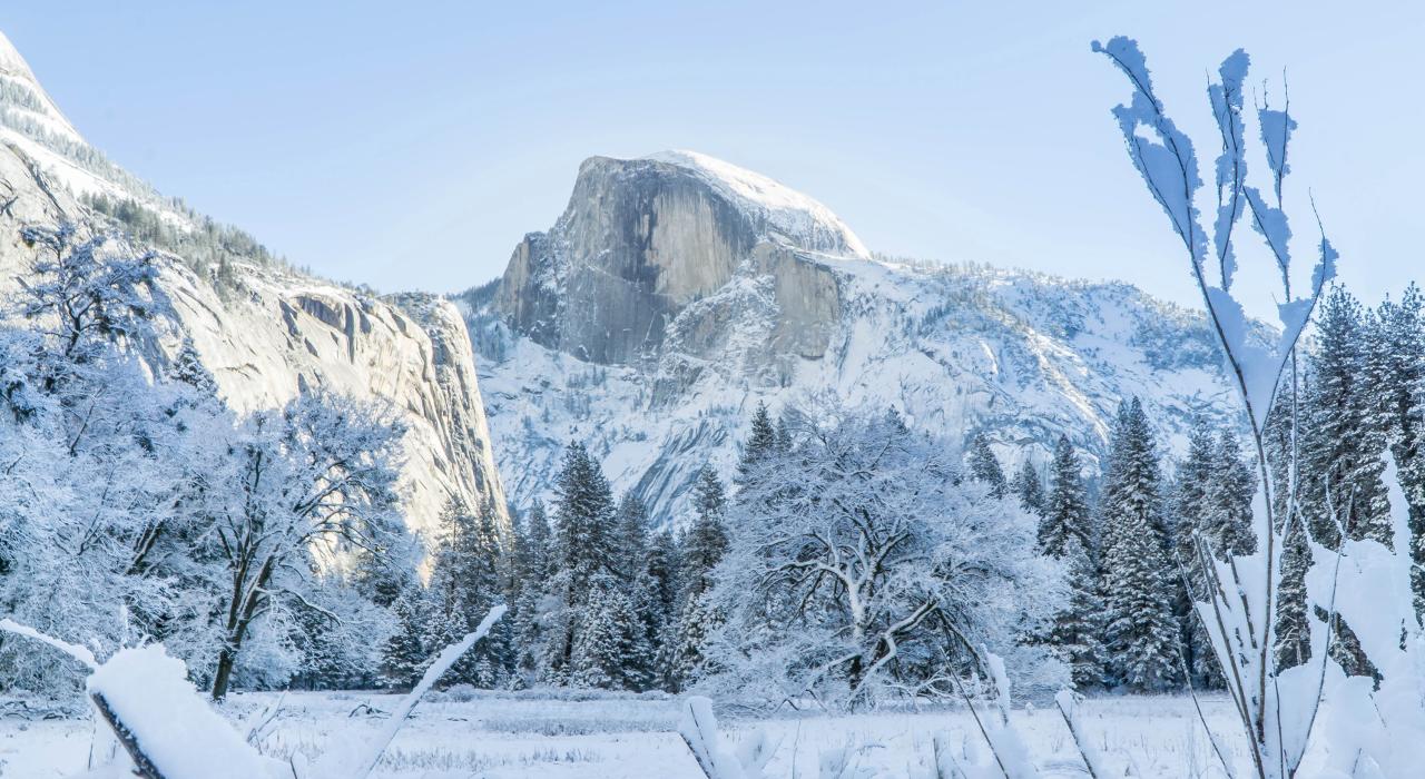A winter day view of the Half Dome at Yosemite National Park