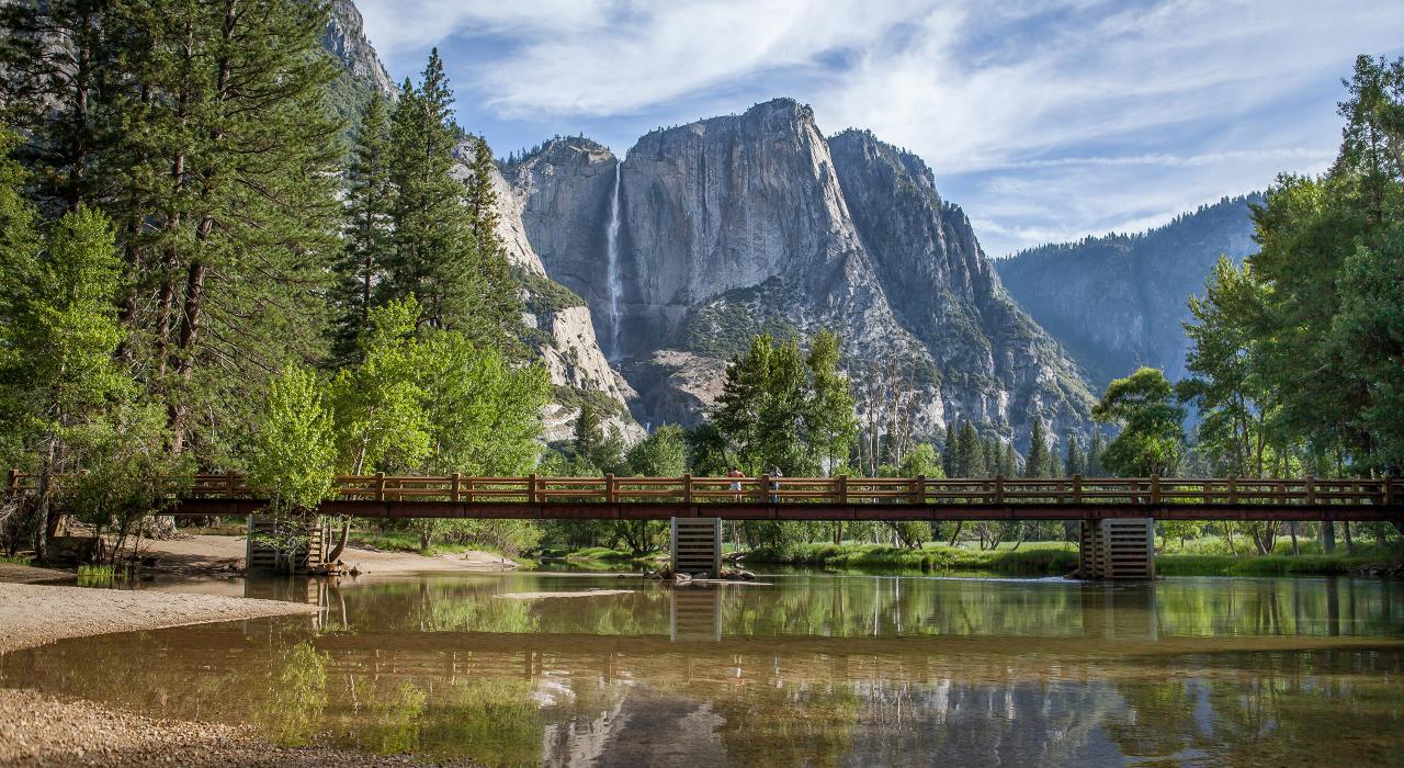 Yosemite Falls and the Swinging Bridge over the Merced River