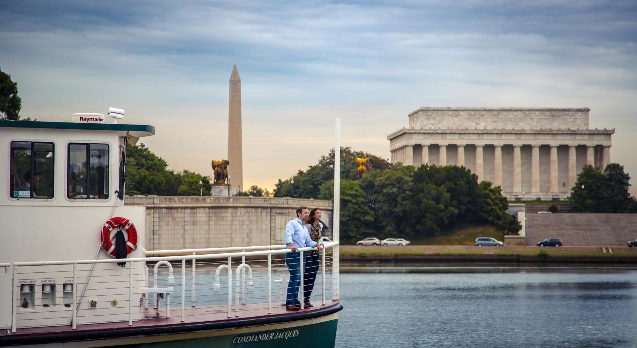 Admiring the view of the Washington Monument and Lincoln Memorial from the water taxi