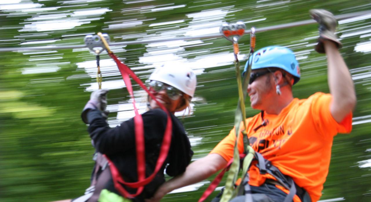 Speeding along the Aerie's zip line in Grafton