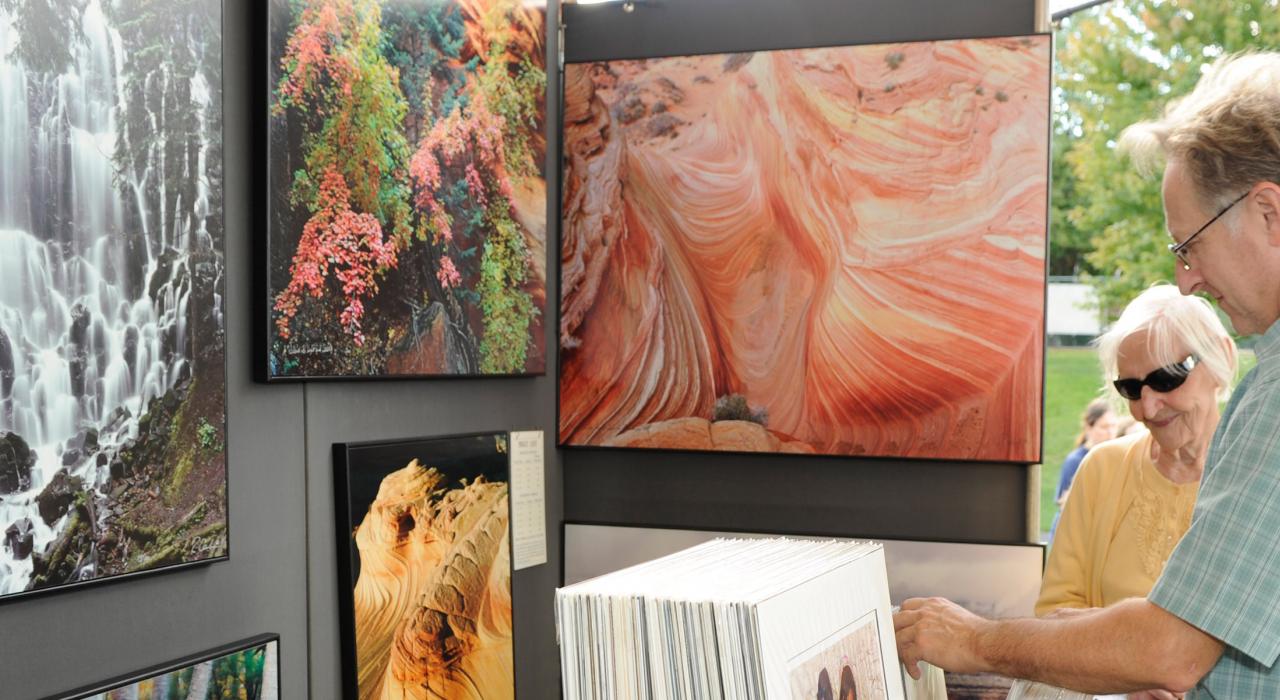 在艺术展上浏览独特的艺术品