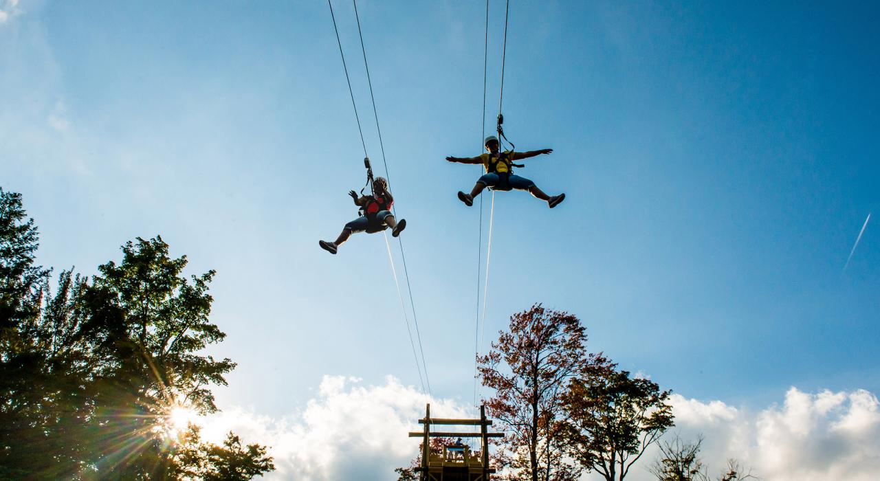 在皮肯峰度假村体验高空飞索，在树梢间惊声尖叫