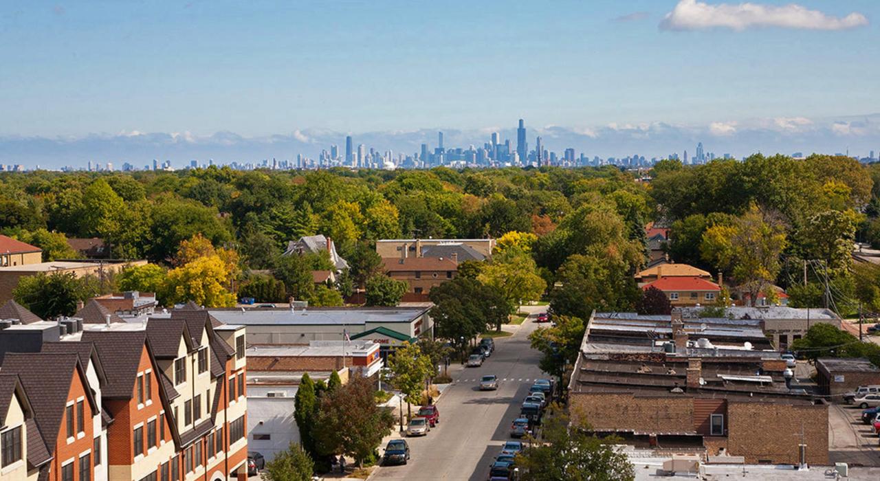 Overlooking the village of Riverside with Chicago's skyline in the distance