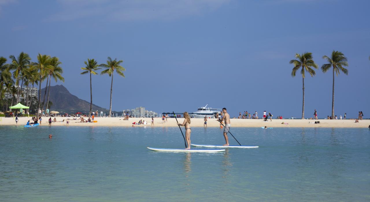 前往位于檀香山的夏威夷威基基海滩希尔顿度假村，与环礁湖来一次近距离的接触，感受立式单桨冲浪的魅力