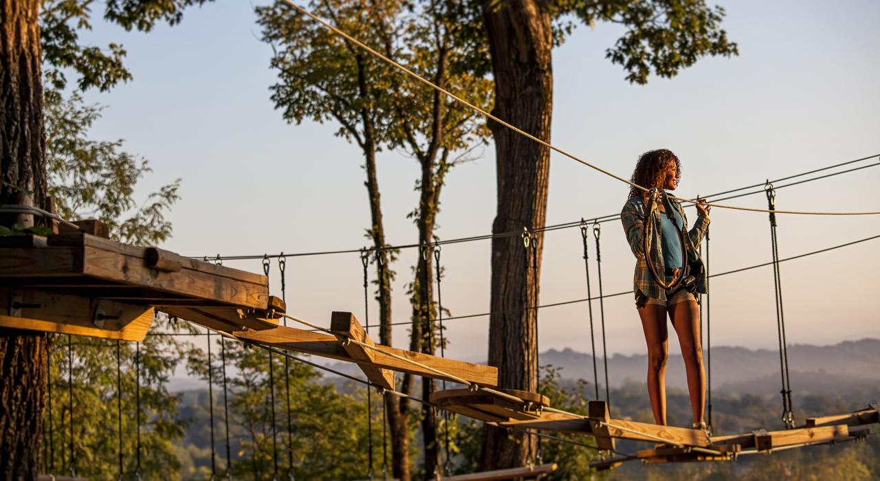 在树冠历险飞索途中驻足欣赏美景