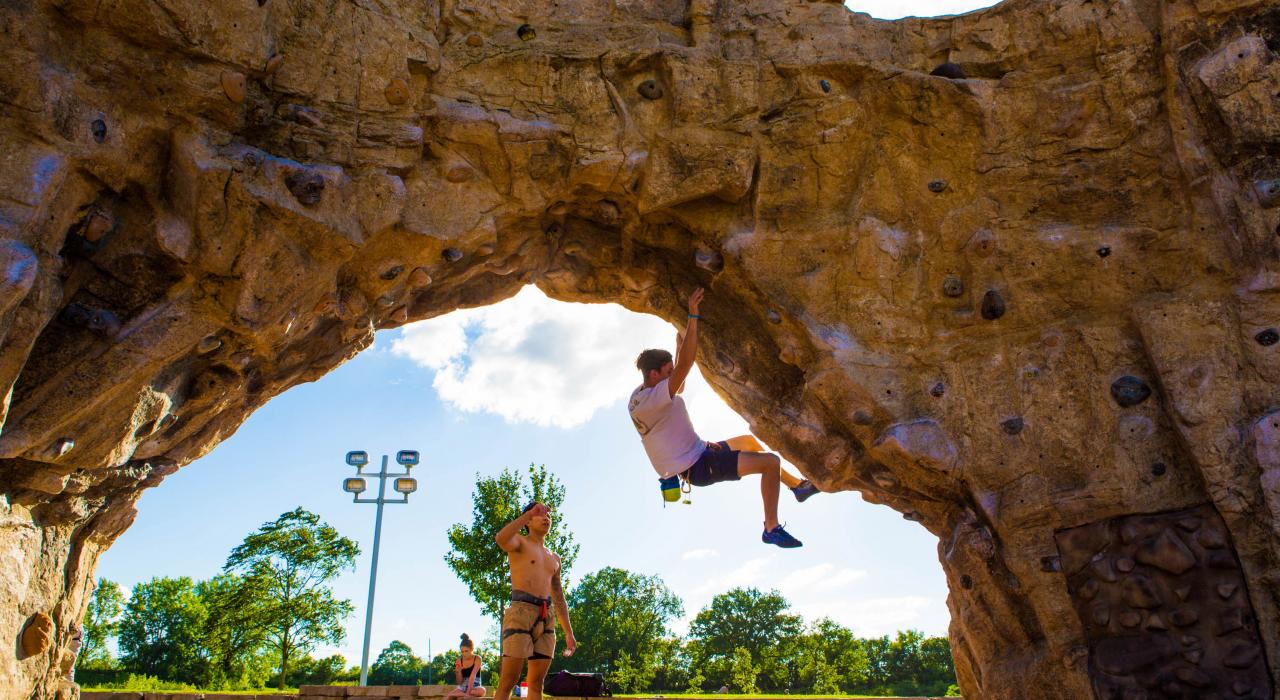 Rock climbing at the world's largest free outdoor climbing wall, located at the Scioto Audubon Center just south of downtown 