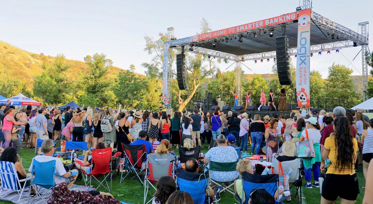 辣妹组合模仿团队在公园夏季现场音乐节的演唱会上表演