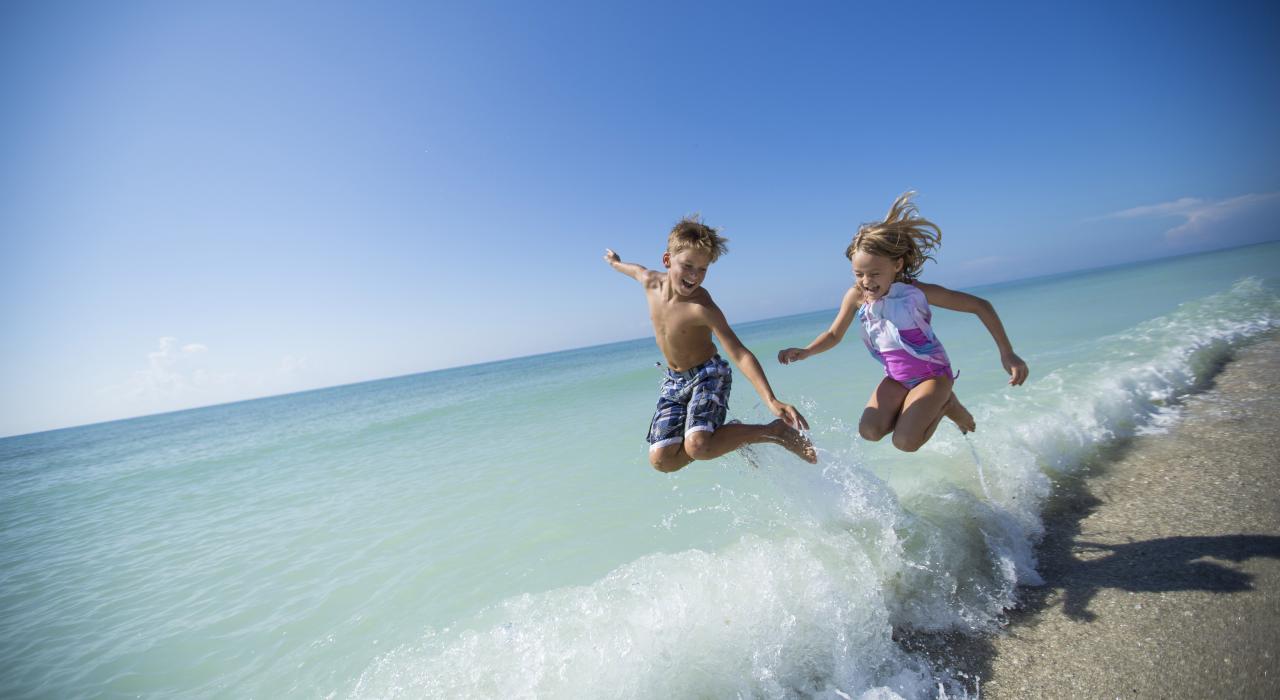 在海湾群岛国家海滨的海岸线上嬉戏玩耍