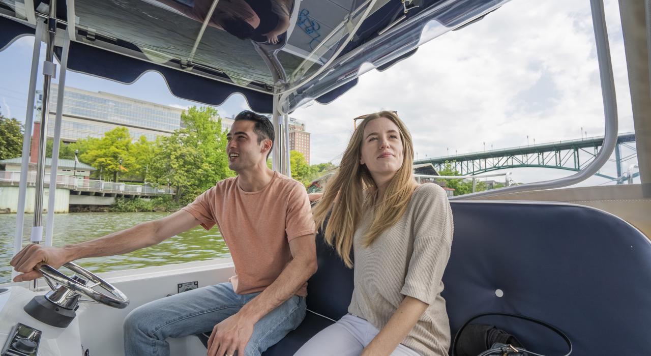 Boating down the Tennessee River through downtown Knoxville, Tennessee