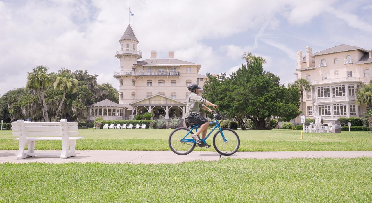 Biking through the historic district in Jekyll Island, Georgia