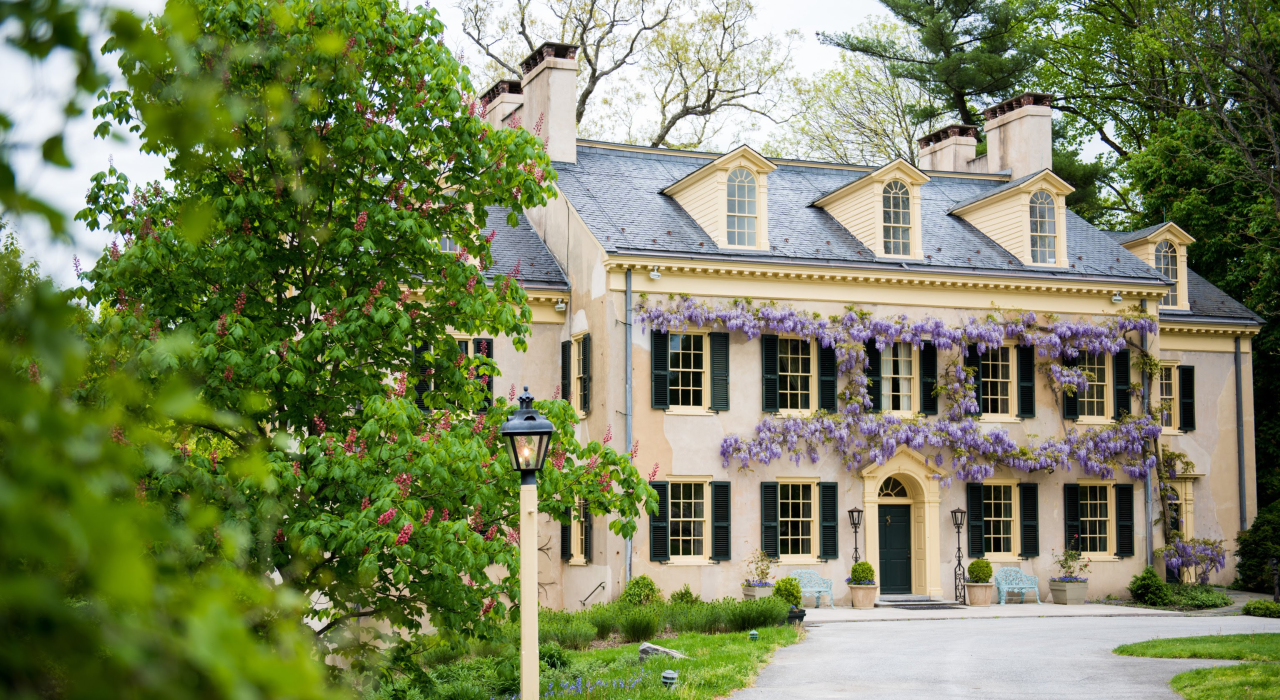 外墙爬满紫藤花的历史悠久的海格利博物馆和图书馆