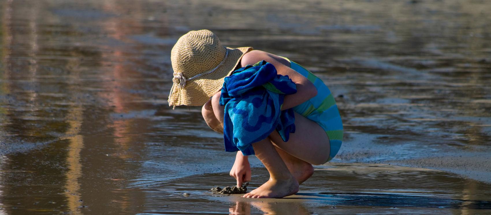 在肯尼邦克港的 Gooch's Beach 海滩上挖贝壳