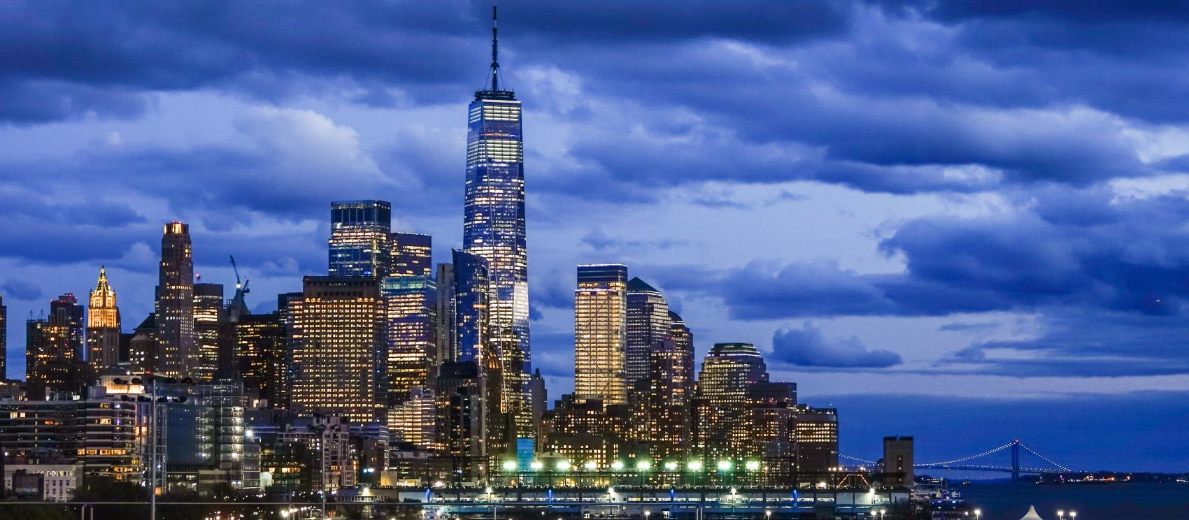 The New York City skyline aglow at twilight